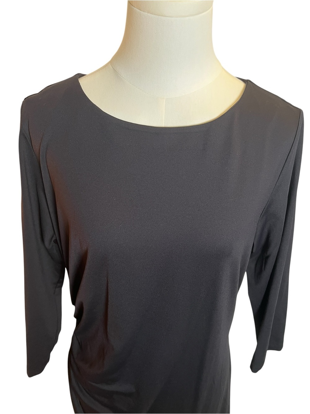 J. McLaughlin Ruched Black Midi 3/4 Sleeve Dress Catalina Cloth Size Large - Picture 2 of 8